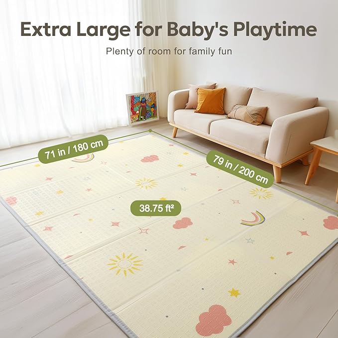 Extra Large Foldable Play Mat, Reversible Baby Play Mat with Edge Reinforcement, Non-Toxic & Waterproof Baby Mat for Floor, Foam Playmat with Travel Bag, Rainbow, Cloud & Moon, 79"x71"