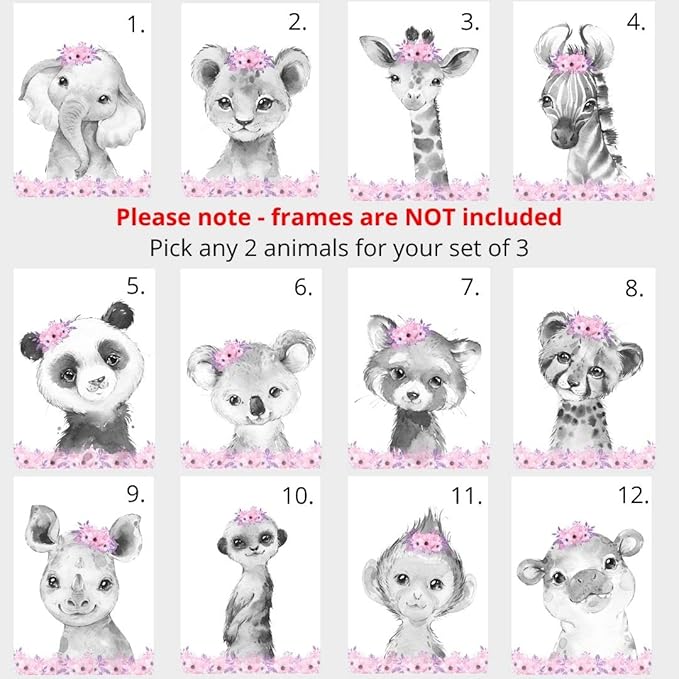 Safari Animals Girls Nursery Bedroom Unframed Set of 3 Poster Prints, Personalized Name Pink or Purple Flowers Wall Art Decor New Baby Gift Present, Elephant Giraffe Panda Zebra Lion (17x22)