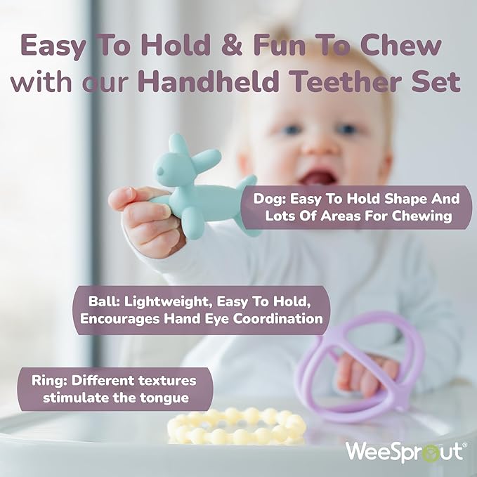 WeeSprout Silicone Baby Teether Toys for Infant Babies and Toddlers, Cute Ring, Puppy Dog, and Ball, Soft and Flexible, BPA Free, Boys and Girls (Matte Dark Gray, Tan & Off White)