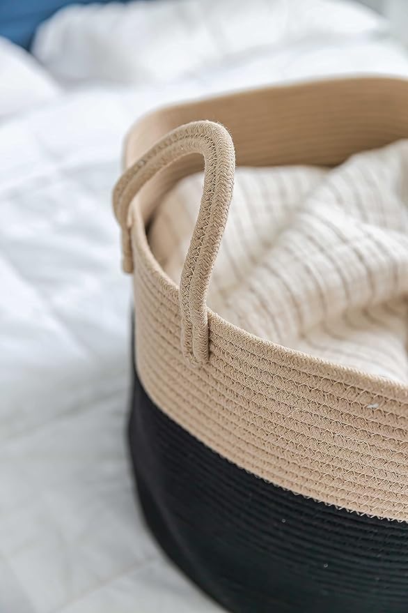 OrganiHaus Woven Laundry Basket, Large Cotton Rope Blanket Holder with Handles, Soft & Sturdy Nursery Hamper, Decorative Toy Bin for Living Room Organization 20x13 inches - Black/Honey