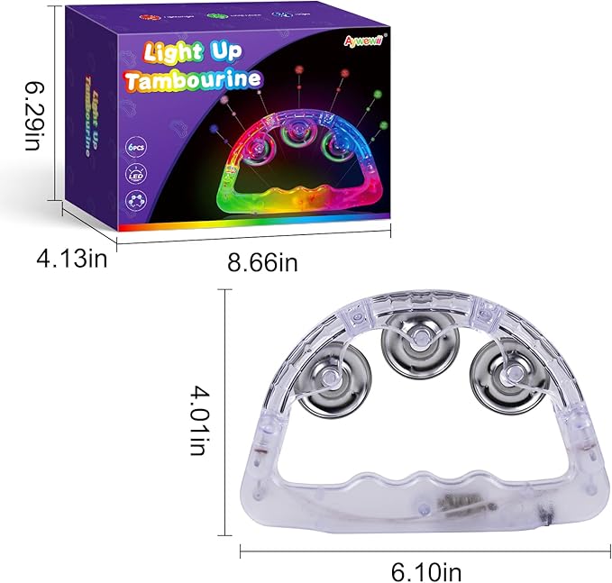Aywewii LED Tambourine, Light Up Toys Handheld Musical Flashing Tamborine Sensory Toys Autism Toys Party Supplies for Birthday Anniversaries Gifts for Kids Adults Teens (6 Pack)