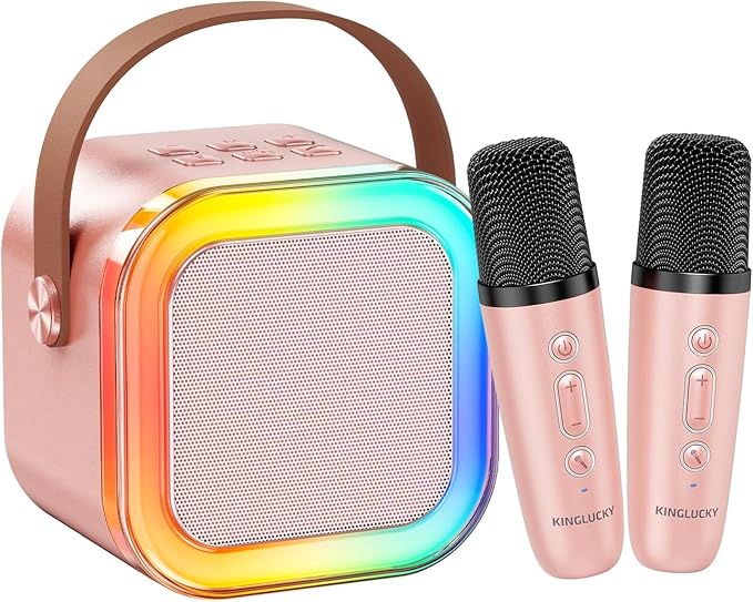 Kinglucky Mini Karaoke Machine for Kids, 2025 TOP Birthday Gifts Ideas for 3-12 Year Old Girls, Christmas Party Gifts Kids' Personal Video Players Accessories with 2 Wireless Microphones - Rose Gold