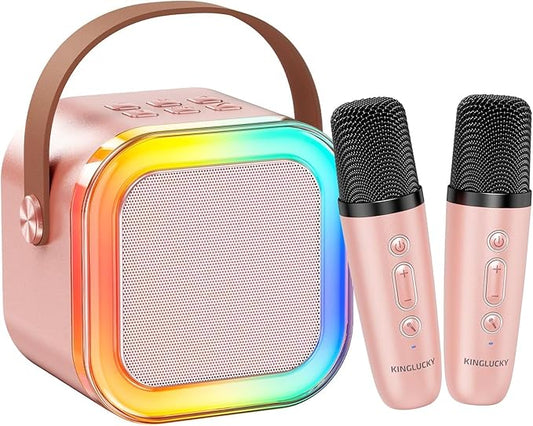 Kinglucky Mini Karaoke Machine for Kids, 2025 TOP Birthday Gifts Ideas for 3-12 Year Old Girls, Christmas Party Gifts Kids' Personal Video Players Accessories with 2 Wireless Microphones - Rose Gold