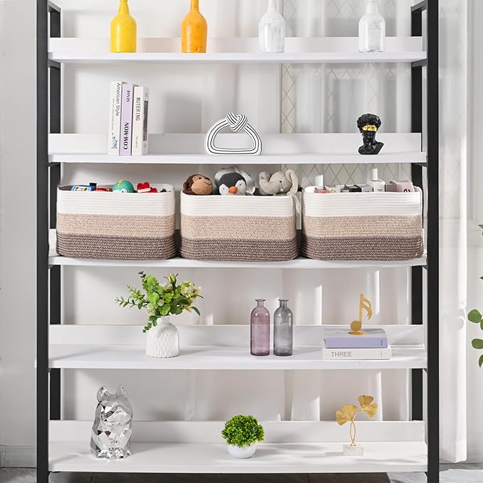 Large Storage Baskets for Organizing Shelves, Woven Cotton Rope Bins for Baby Nursery Organization, Book Toy Towel Organizer, 17"x13"x9.5", 3 Packs, Gradient Brown