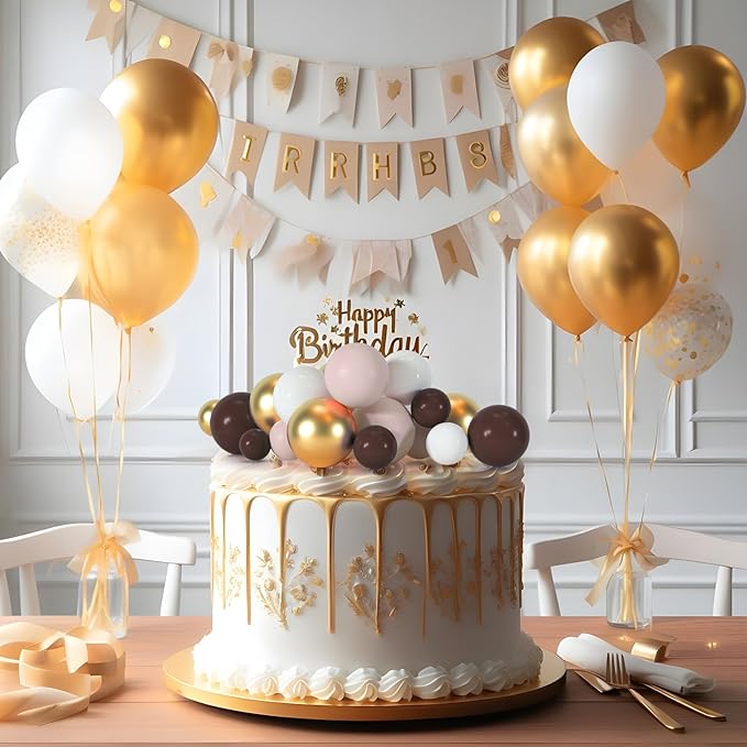 75 Pieces Cake Balls Topper Decorations Foam Cupcake Topper Mini Balloon Cake Topper Picks for Cake Deco Birthday Party Wedding（Brown Gold White Series）