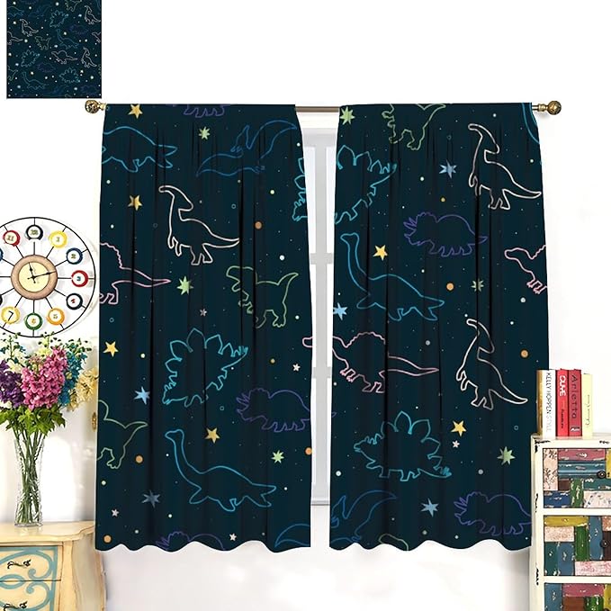 Cartoon Colorful Dinosaur Curtains for Kids Boys Girls Home Decor, Astronaut Funny Outer Space Star Blackout Rod Pocket Window Drapes for Bedroom Living Room W27.5xL63in 2 Panels