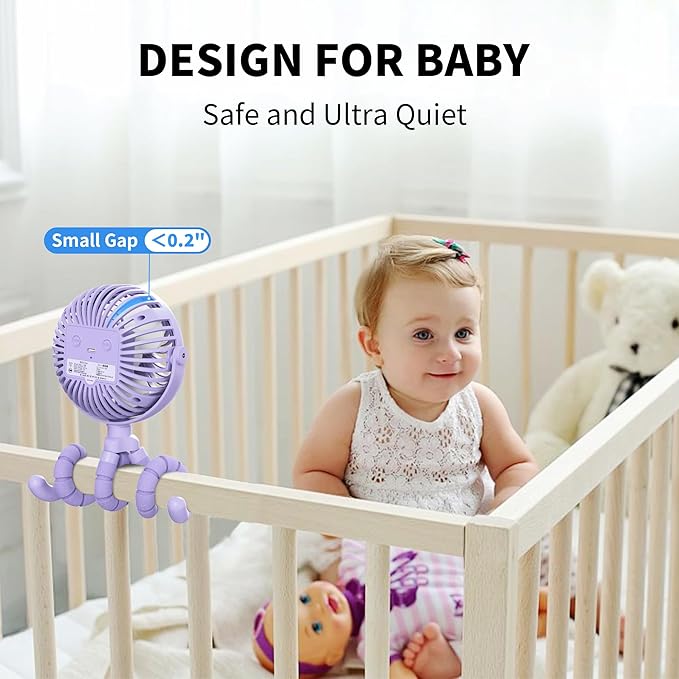 AMACOOL Battery Operated Stroller Fan Flexible Tripod Clip On Fan with 3 Speeds and Rotatable Handheld Personal Fans for Car Seat Crib Bike Treadmill (Purple)