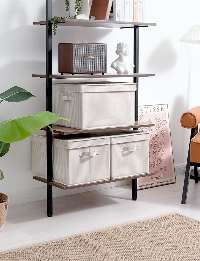 StorageWorks Storage Bins with Lids, Decorative Storage Boxes with Lid and Handles, Foldable Storage Baskets for Closet, Shelves, Stackable, Khaki Stripe, Jumbo, 3-Pack