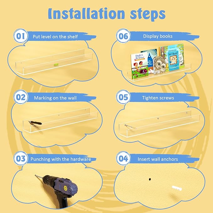 NIUBEE 36-Inch Acrylic Floating Bookshelves for Kids, 2-Pack, Extra-Large Wall Shelves for Expanding Book Collections and Family Spaces