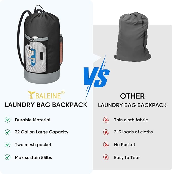 BALEINE 120L Laundry Bag Backpack, 900D Oxford Fabric Large Travel Laundry Bags with Shoulder Straps and 2 Mesh Pockets for College Dorm, Apartment, Laundromat (Black, 120L)