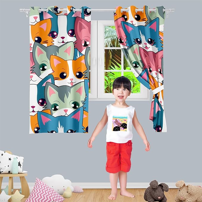 Cat Blackout Curtains for Girls - 2Pcs Cute Cartoon Cat Patterns Curtain Panels for Girls Bedroom Lovely Cats Drapes Darkening Window Curtain for Living Room Bedroom, 82" x 63"