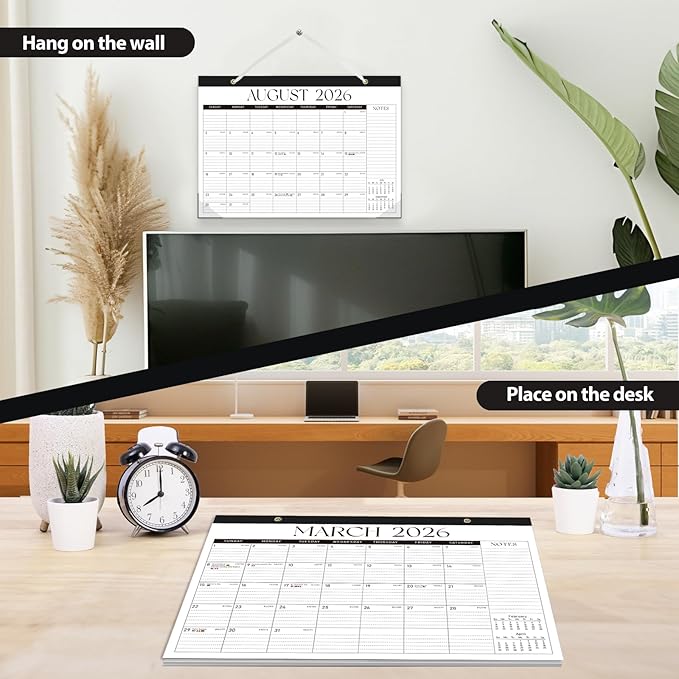 Desk Calendar 2025-2026, Monthly Desktop Large Calendar Runs Until December 2026 17" x 12" Desk Wall Planner for Family Office Teacher School, Black-White