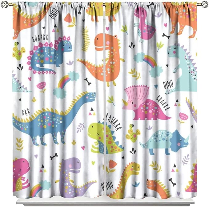 Cartoon Dinosaur Curtains for Kids Boys Girls Home Decor Childish Cute Dino Animals Print Pattern Rod Pocket Blackout Window Drapes for Nursery Baby Bedroom Playroom W21xL54in 2 Panels