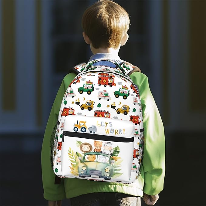 Funny Cars Kids Backpack For School Cute Animal Bear Lion Car Travel Backpack Cartoon Ambulance Digger Fire Engine Waterproof Backpack For Kids Boys Girls For School Travel Hiking