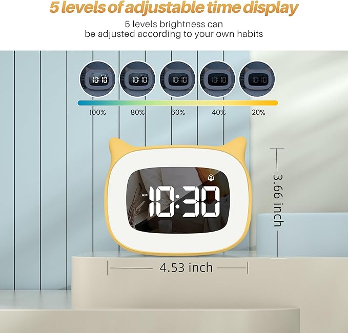 Kids Alarm Clock with Night Light & 18 Ringtones,Rechargeable,Cute Cat Ear Clock for Boys Girls Birthday Presents,Digital Clock for Children's Bedroom(Yellow)
