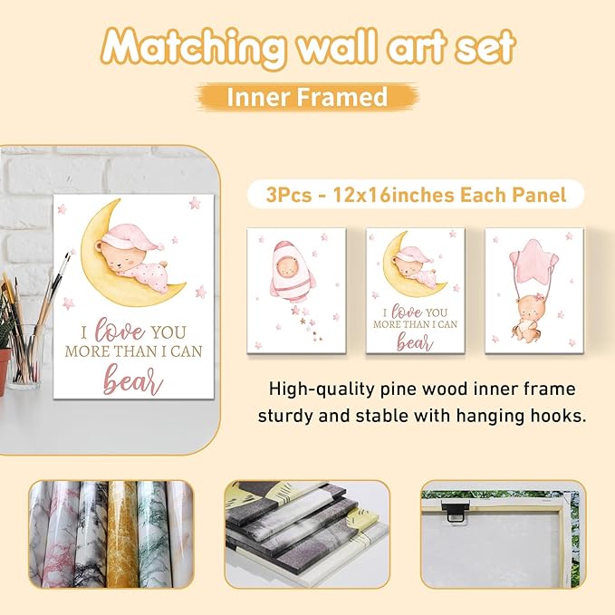 Custom Crib Bedding Set, 5 Pcs Customized Baby Crib Set with Name, Soft Double Layer Nursery Baby Bedding Set for Girls Boys, Personalized for Infants Toddlers, Pink Moon Bear