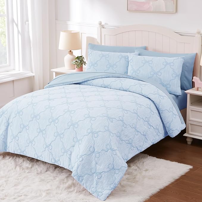 Full Size Comforter Sets with Sheets for Girls-7 Pieces Full Size Bedding Sets with Light Blue Comforter, Sheets, Pillowcases & Shams for Kids (Light Blue Diamond, 76" X 86")