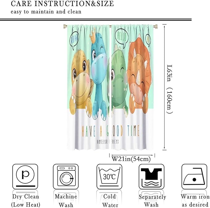 Kids Dinosaur Curtains for Boys Girls Bedroom Decor Cartoon Dino Colorful Cute Funny Animal Printed Blackout Rod Pocket Window Drapes for Baby Nursery Playroom Living Room W21xL63in 2 Panels