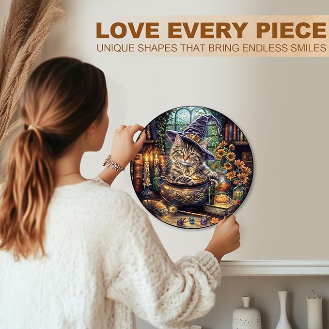 KAAYEE Wooden Puzzles for Adults, 3D Visual Effect Magic Feline Cat Wooden Jigsaw Puzzle Unique Shape Wood Puzzle Adult, 3D Effect Flat Puzzle Birthday Family Game (M-11.4 * 11.4 in-200pcs)