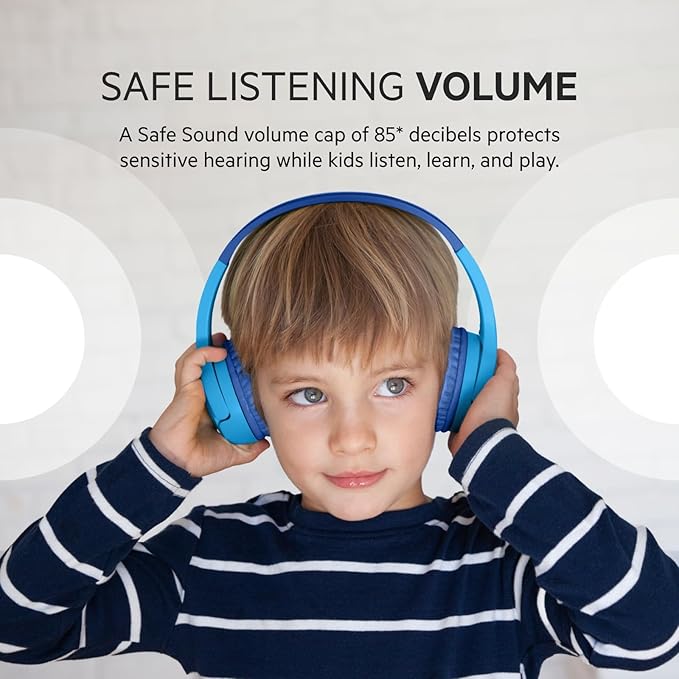 Belkin SoundForm Mini - Wireless Bluetooth Headphones for Kids with 30H Battery Life, 85dB Safe Volume Limit, Built-in Microphone - Kids On-Ear Earphones for iPhone, iPad, Fire Tablet & More - Blue