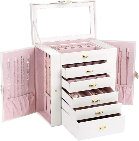 Kendal Extra Large Jewelry Box Jewelry Case PU Leather 6 Tier 5 Drawers Large Storage Capacity with Mirror Jewelry Storage Organizer Great Gift Also Good For Watches LJC-SHD5CM(White)
