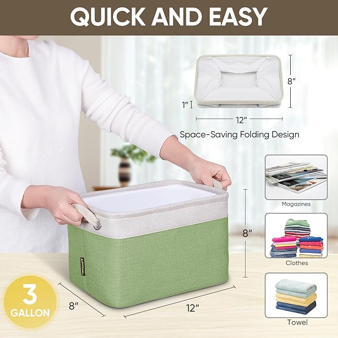 BALEINE 2 Pack Fabric Storage Bins for Shelves, Linen Storage Baskets for Organizing, Decorative Closet Bins for Clothes, Home (Green, 12"x8"x8")