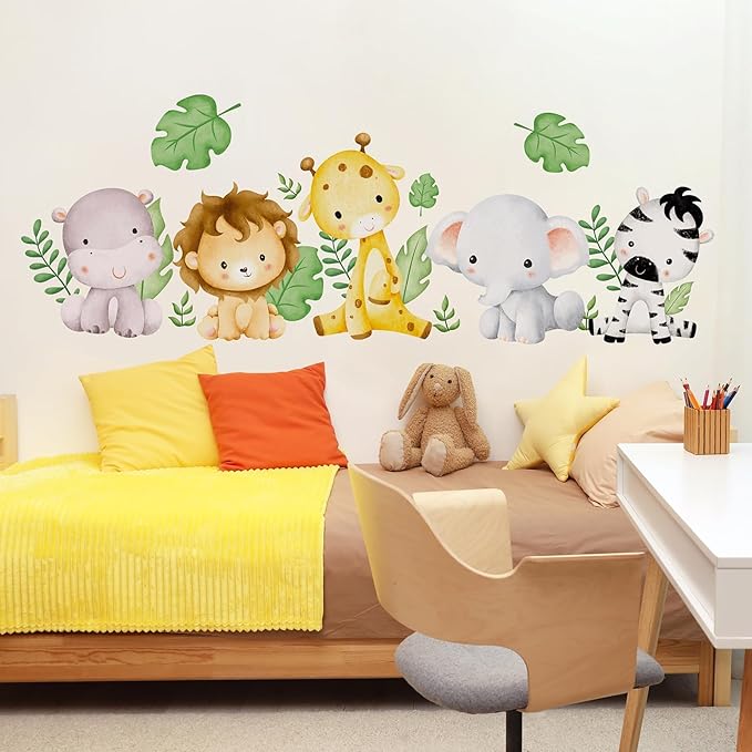Watercolor Animal Wall Decals Giraffe Elephant Lion Hippo Zebra Wall Stickers Removable Cartoon Animal Wall Decals Decor for Baby Nursery Playroom Bedroom Classroom Kindergarten