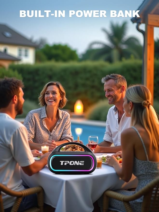TPone Portable Bluetooth Speaker, 30W Peak, 12H Playtime, IPX5 Waterproof with Light, TWS Pairing, Wireless Speaker for Home/Party/Outdoor/Beach, Birthday Gift (Black)