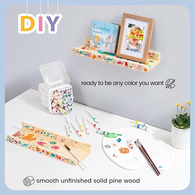 Picture Ledge Shelf for Wall, 24 inch Solid Pine Wood Nursery Book Shelves 2 Packs, Floating Ledge Shelves for Kids' Room Bedroom Bathroom Living Room Photo Frames Office Nursey Wall Decor, Natural