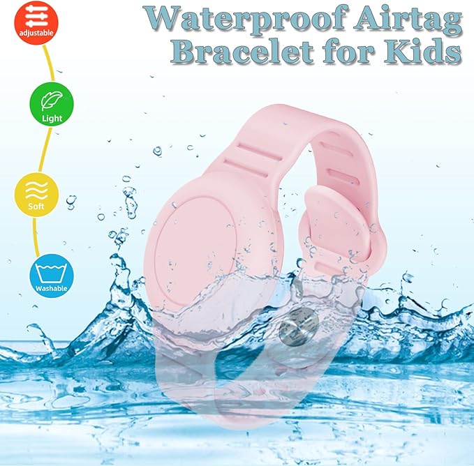 Kids Waterproof Airtag Bracelet Compatible with Apple AirTag, Hidden Silicon Protective Case for Air Tag GPS Tracker Holder, Adjustable Anti-Lost Watch Band for Toddler Child (Pink & Green)