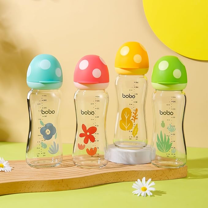 YOHKOH Natural Glass Baby Bottle with Natural Response Nipple, Newborn Anti-Colic Baby Bottles, Wide Neck Mushroom Cap Baby Bottle, Clear (8.8oz (Pack of 4), Multicolour)