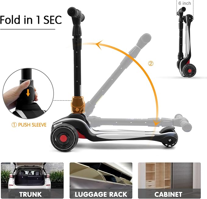 LOL-FUN Toddler Scooter for Kids Ages 3-12 Years Old Boy Girl with 3 Wheel LED Lights, Extra-Wide Childrens Foldable Kick Scooter Kids Ages 3-5 with 4 Adjustable Height and Lean-to-Steer
