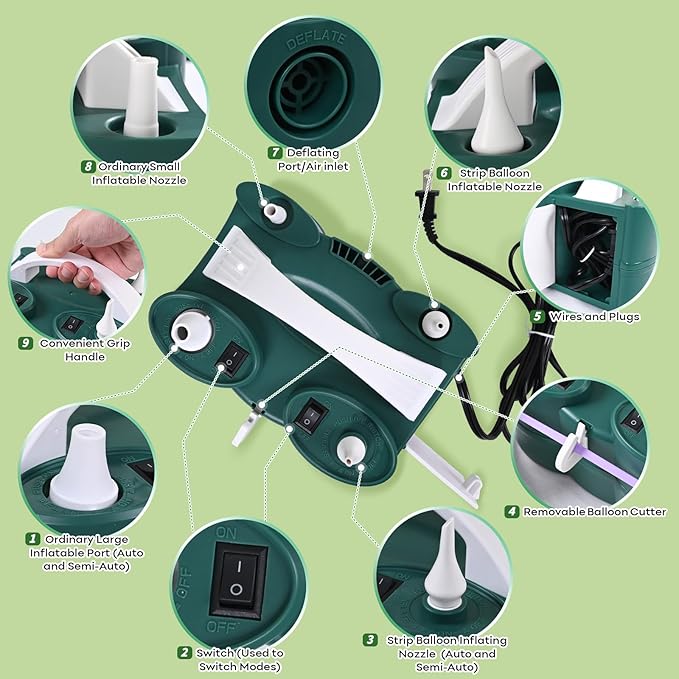 3-in-1 Electric Balloon Pump, Portable Air Pump for Latex 260q Foil Balloons, Dual Nozzle Balloon Blower Machine for Party Decoration, 110V AC Inflator Deflator for Inflatables Pool Floats Mattress
