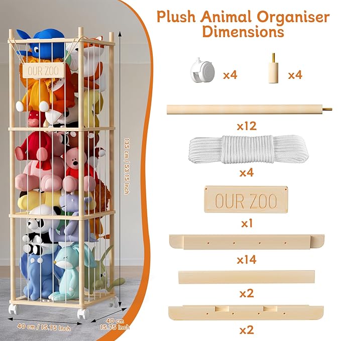 Stuffed Animal Toy Storage, 53 Inch Tall Wooden Toy Storage Rack Space-Saving Plushie Toy Organizers and Storage on Playhouse,Playroom,Bedroom -No Tools Easy Assembly