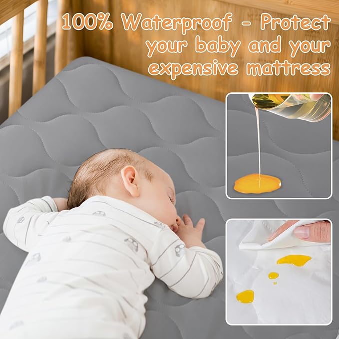Yoofoss Waterproof Crib Mattress Protector, Quilted Crib Mattress Pad Cover Soft and Breathable, Machine Washable Toddler Mattress Protector for Standard Baby Crib Size 52''x28''