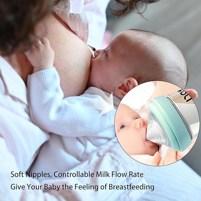 Natural Glass Baby Bottle for Breastfeeding Babies, 8oz Anti-Colic Baby Bottle with Natural Response Nipple(M), Clear, Wide Neck, 4 Pack, 3 Months+