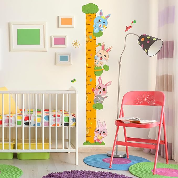 Cute Rabbits Self-adheve Vinyl Nursery Wall Decal Baby Growth Chart Sticker for Bedroom Play Room