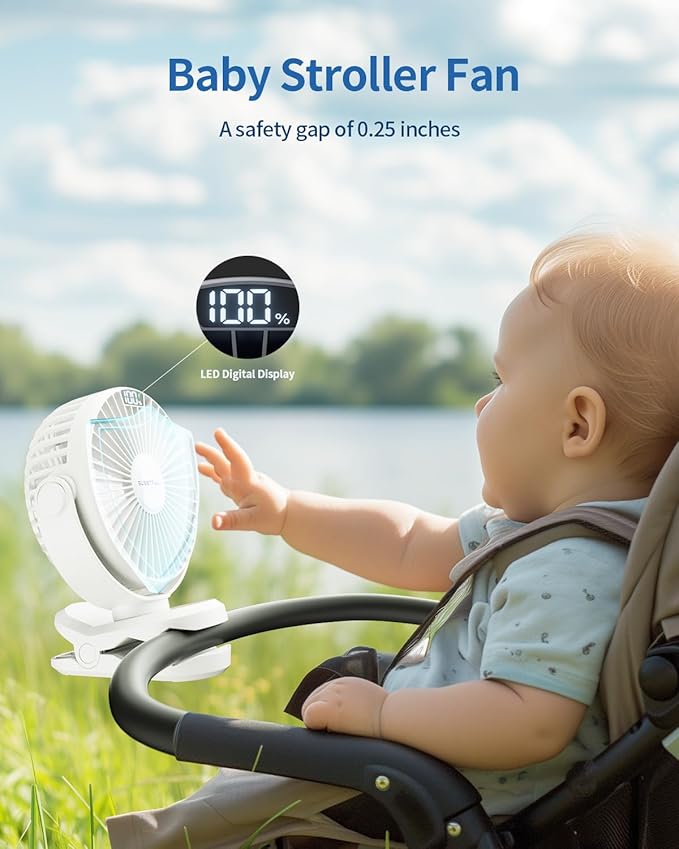 SWEETFULL Portable Clip on Fan - Battery Operated Rechargeable Fan with LED Display, 4 Speeds, Mini Personal Cooling Desk Fan for Golf Cart Travel Camping Gym - White