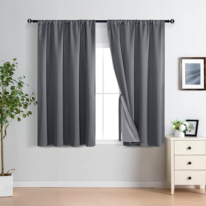 XWZO 100% Blackout Curtains 54 Inches Long with Tiebacks- Privacy Protection & Noise Blocking Rod Pocket Window Draperies with Black Liner for Bedroom/Living Room, Dark Grey, W52 x L54, Set of 2