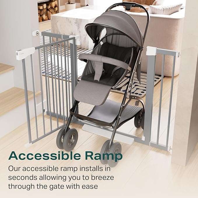 Cumbor 29.7-46" Baby Gate for Stairs, Gifts for Mom-Auto Close Dog Gate for The House, Easy Install Pressure Mounted Pet Gates for Doorways, Easy Walk Thru Wide Safety Gate for Dog, Gray