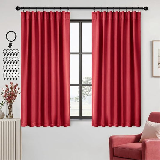 ANRODUO Back Tab Blackout Curtains for Bedroom Living Room, Rod Pocket Pinch Pleated Thermal Insulated Room Darkening Curtains 72 Inches Long 2 Panels, Red, 42 x 72 Inch