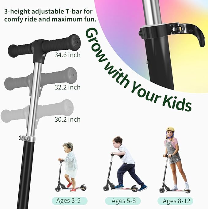 BELEEV V2 Scooters for Kids with Light-Up Wheels & Stem & Deck, 2 Wheel Folding Scooter for Girls Boys, 3 Adjustable Height, Non-Slip Pattern Deck, Lightweight Kick Scooter for Children Ages 3-12