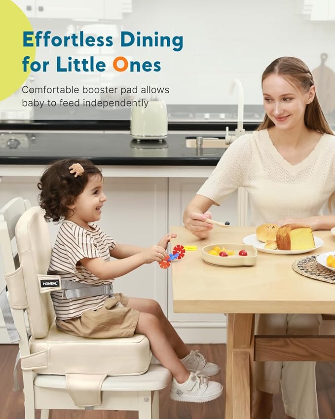 HOMEAL Toddler Booster Seat for Dining Table - Toddler Dining Cushion with Wipeable Surface -Booster Seat for Kitchen Chair with Easy-Install Straps - Breathable Fabric - Beige