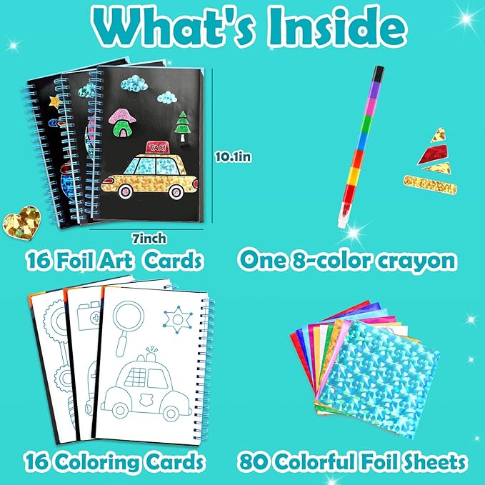 FUNNYB&G Foil Art Craft Activity for Kids - Gift for Boys Crafts for Kids Fun Art Supplies DIY Creative Travel Toy, Birthday Gift Party Favor Toys for Girls Boys 4 5 6 7 8 9 Years Old (Vehicle)