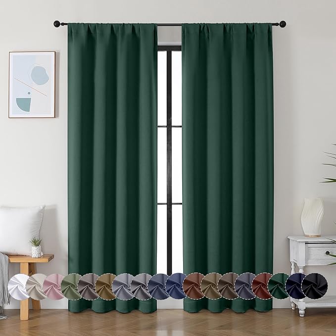 Simplebrand Ava Ever Green Blackout Curtains for Bedroom 84 Inch Length 2 Panels Set, Solid Thermal Insulated Privacy Living Room Window Treatment Curtains Blackout Drapes, W40 x L84 Inch, Ever Green