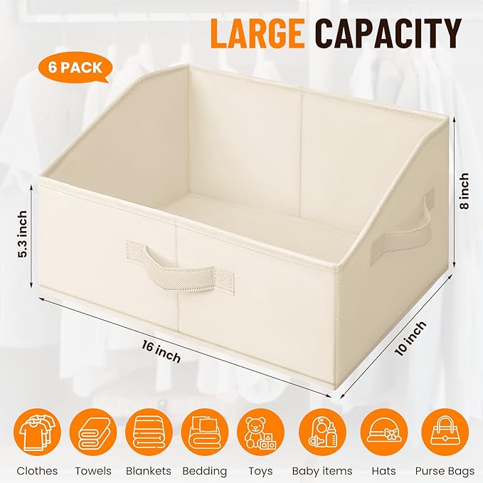 Criusia Closet Organizers Bins 6 Pack - Large Closet Shelf Organizer with Handles - Fabric Trapezoid Home Organization and Storage Baskets for Organizing Clothes Toy Blanket Towel Purse Hats