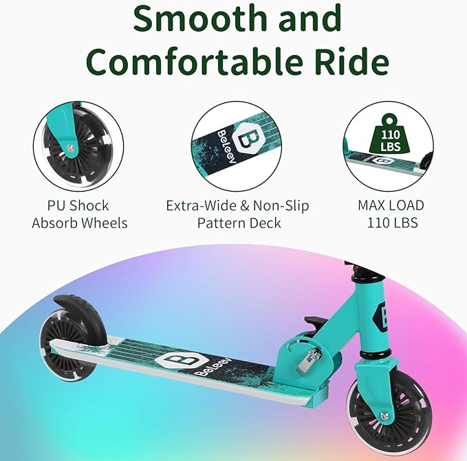 BELEEV V2 Scooters for Kids with Light-Up Wheels & Stem & Deck, 2 Wheel Folding Scooter for Girls Boys, 3 Adjustable Height, Non-Slip Pattern Deck, Lightweight Kick Scooter for Children Ages 3-12