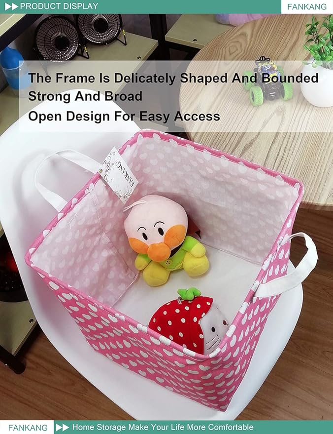 FANKANG Square Nursery Hamper Storage Bins Canvas Laundry Basket Foldable with Waterproof PE Coating Storage Baskets Gift Baskets for Children, Office, Bedroom, Clothes（Square-Pink Heart ）