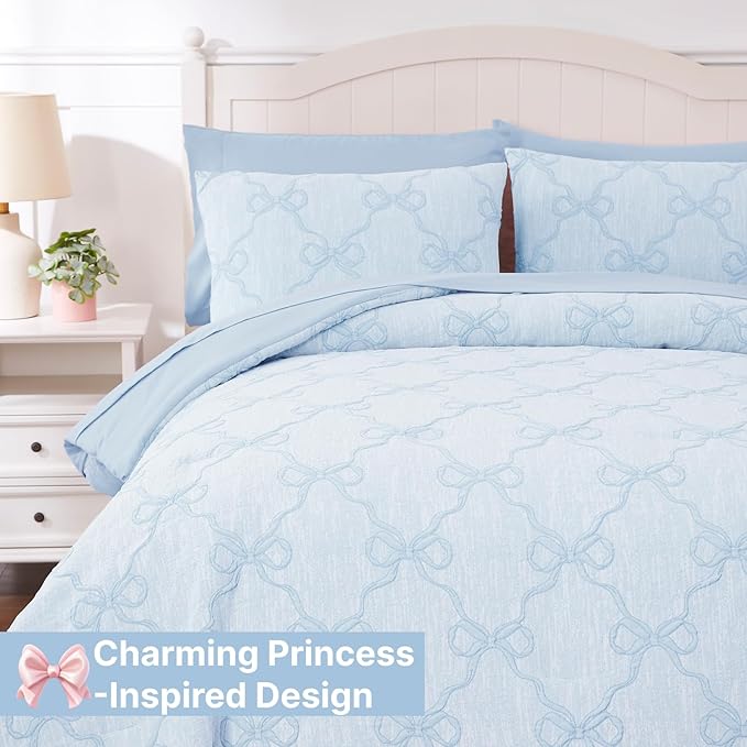 Full Size Comforter Sets with Sheets for Girls-7 Pieces Full Size Bedding Sets with Light Blue Comforter, Sheets, Pillowcases & Shams for Kids (Light Blue Diamond, 76" X 86")