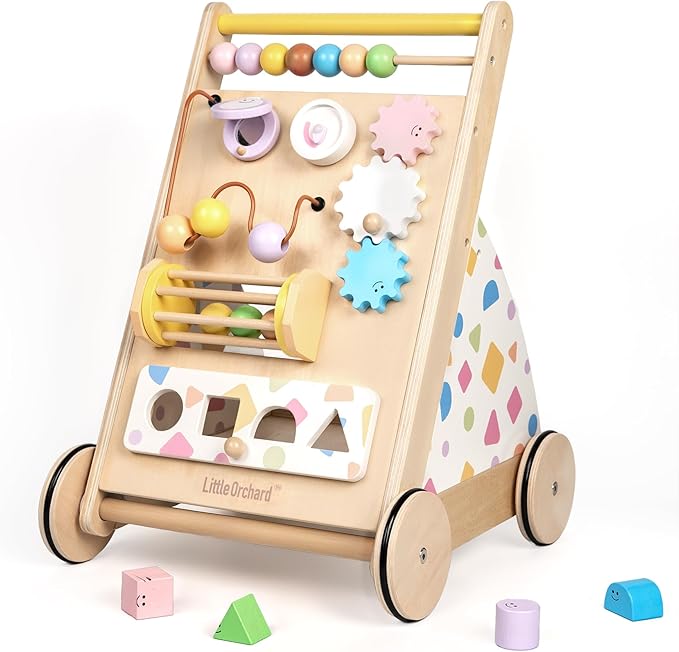 Wooden Baby Walker, Baby Push Walker Baby Walkers for Boys, Montessori Toys & Activity Center for Baby Adjustable Speed Baby Walker with Wheels, Walking Assistance for Baby Girls